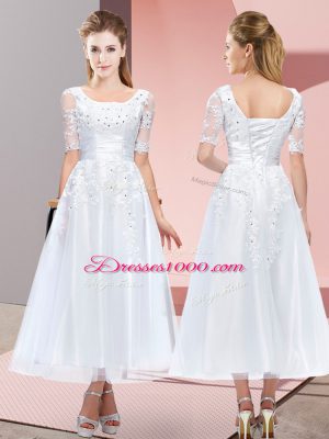 Pretty White Tulle Lace Up Wedding Party Dress Short Sleeves Tea Length Beading and Lace