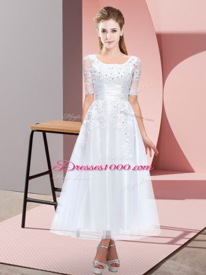 Pretty White Tulle Lace Up Wedding Party Dress Short Sleeves Tea Length Beading and Lace