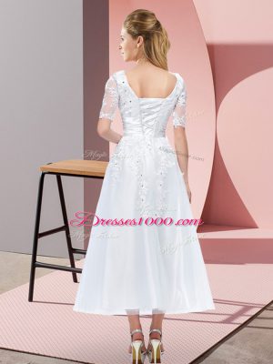 Pretty White Tulle Lace Up Wedding Party Dress Short Sleeves Tea Length Beading and Lace