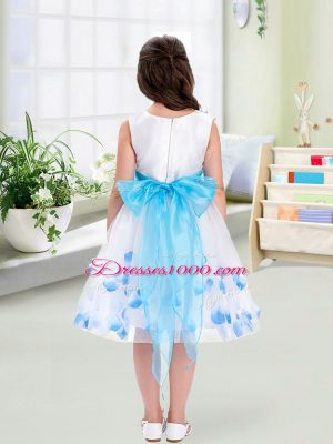 Sleeveless Knee Length Appliques and Belt Zipper Flower Girl Dress with White