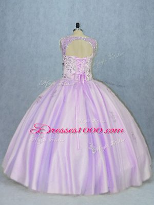 Lavender Ball Gowns Beading Sweet 16 Dresses Lace Up Tulle Sleeveless Floor Length