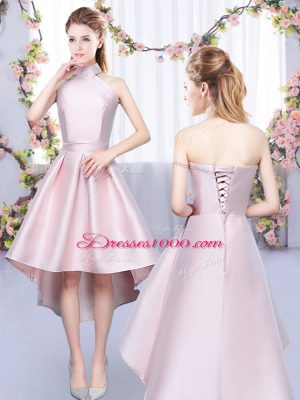 Dramatic Sleeveless High Low Ruching Lace Up Quinceanera Court Dresses with Baby Pink