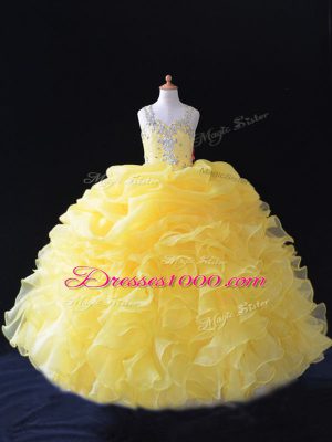 Yellow Zipper Little Girl Pageant Gowns Beading and Ruffles and Pick Ups Sleeveless Floor Length