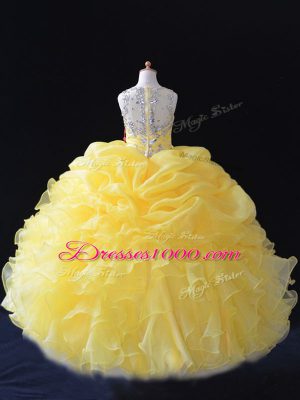 Yellow Zipper Little Girl Pageant Gowns Beading and Ruffles and Pick Ups Sleeveless Floor Length