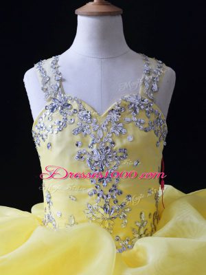 Yellow Zipper Little Girl Pageant Gowns Beading and Ruffles and Pick Ups Sleeveless Floor Length