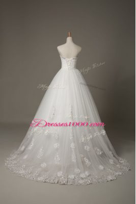 Popular White Sweetheart Lace Up Beading and Lace and Hand Made Flower Wedding Dress Court Train Sleeveless