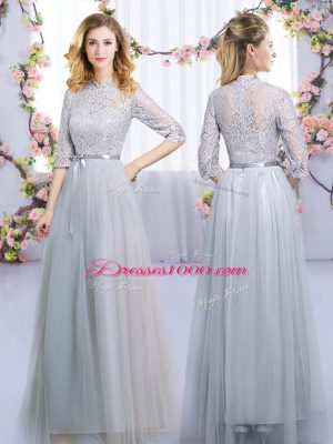 On Sale Lace and Belt Bridesmaid Dress Grey Zipper Half Sleeves Floor Length