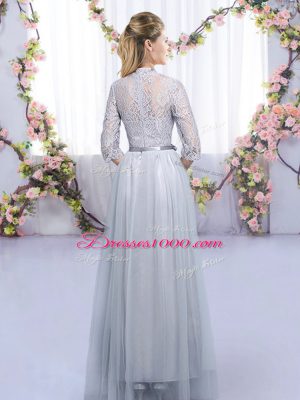 On Sale Lace and Belt Bridesmaid Dress Grey Zipper Half Sleeves Floor Length