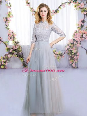 On Sale Lace and Belt Bridesmaid Dress Grey Zipper Half Sleeves Floor Length