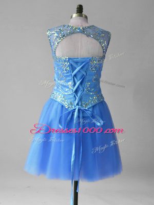 Sleeveless Tulle Mini Length Lace Up Celebrity Dresses in Blue with Beading and Sequins
