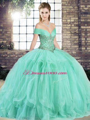 Dynamic Ball Gowns 15th Birthday Dress Apple Green Off The Shoulder Tulle Sleeveless Floor Length Lace Up