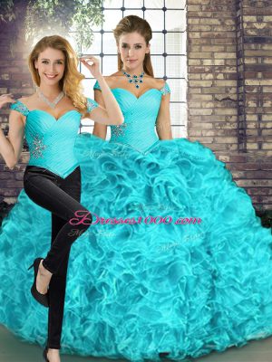 Elegant Aqua Blue Two Pieces Organza Off The Shoulder Sleeveless Beading and Ruffles Floor Length Lace Up Sweet 16 Dress