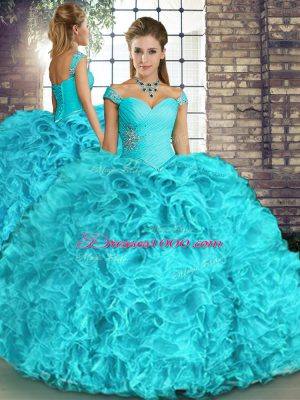 Elegant Aqua Blue Two Pieces Organza Off The Shoulder Sleeveless Beading and Ruffles Floor Length Lace Up Sweet 16 Dress