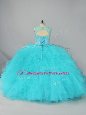 Sweet Aqua Blue Scoop Lace Up Beading and Ruffles Quinceanera Dresses Sleeveless