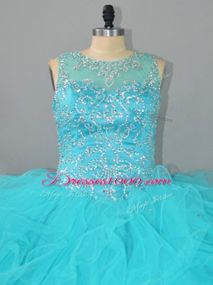 Sweet Aqua Blue Scoop Lace Up Beading and Ruffles Quinceanera Dresses Sleeveless