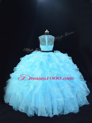 Aqua Blue Sleeveless Floor Length Beading and Ruffles Zipper Sweet 16 Quinceanera Dress