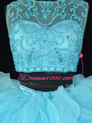 Aqua Blue Sleeveless Floor Length Beading and Ruffles Zipper Sweet 16 Quinceanera Dress