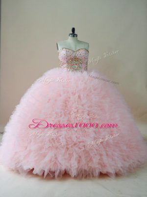 Baby Pink Sleeveless Brush Train Beading and Ruffles Sweet 16 Dresses