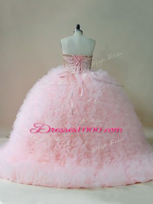 Baby Pink Sleeveless Brush Train Beading and Ruffles Sweet 16 Dresses