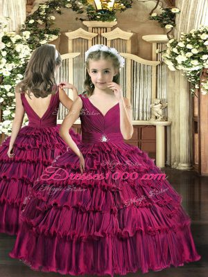 Luxurious Burgundy Ball Gowns Organza V-neck Sleeveless Ruffled Layers Floor Length Backless 15 Quinceanera Dress