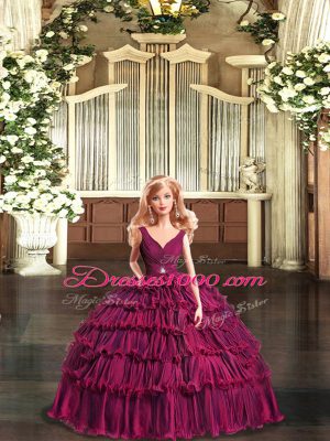 Luxurious Burgundy Ball Gowns Organza V-neck Sleeveless Ruffled Layers Floor Length Backless 15 Quinceanera Dress