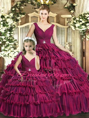 Luxurious Burgundy Ball Gowns Organza V-neck Sleeveless Ruffled Layers Floor Length Backless 15 Quinceanera Dress