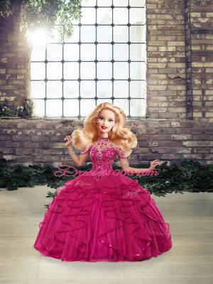 Beading and Ruffles 15 Quinceanera Dress Fuchsia Lace Up Sleeveless Floor Length