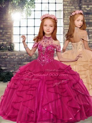 Beading and Ruffles 15 Quinceanera Dress Fuchsia Lace Up Sleeveless Floor Length