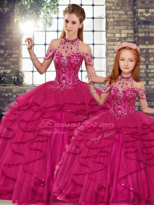 Beading and Ruffles 15 Quinceanera Dress Fuchsia Lace Up Sleeveless Floor Length