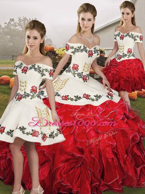 Fancy White And Red Ball Gowns Embroidery and Ruffles 15 Quinceanera Dress Lace Up Organza Sleeveless Floor Length
