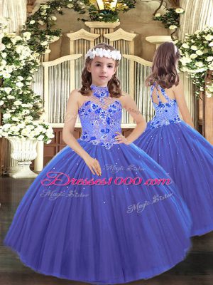 Stylish Blue Sleeveless Appliques Floor Length Pageant Dress Wholesale