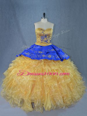Fine Gold Ball Gowns Embroidery and Ruffles Quince Ball Gowns Lace Up Organza Sleeveless