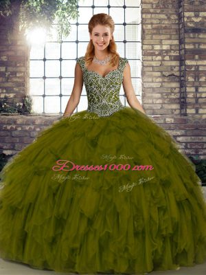 Fantastic Olive Green Ball Gowns Beading and Ruffles Quinceanera Dress Lace Up Organza Sleeveless Floor Length