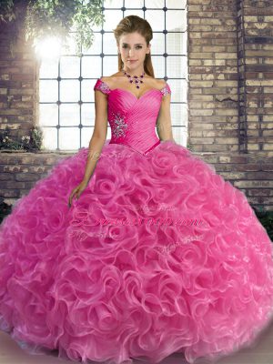 Deluxe Rose Pink Sleeveless Fabric With Rolling Flowers Lace Up Sweet 16 Quinceanera Dress for Military Ball and Sweet 16 and Quinceanera