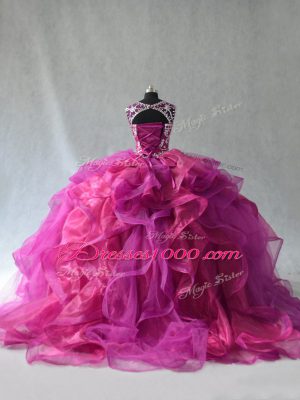 Superior Multi-color Organza Lace Up Scoop Sleeveless Floor Length 15 Quinceanera Dress Beading and Ruffles