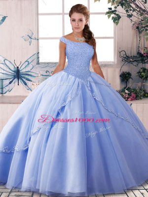 Chic Lavender Ball Gowns Off The Shoulder Sleeveless Tulle Brush Train Lace Up Beading 15th Birthday Dress