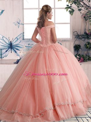 Chic Lavender Ball Gowns Off The Shoulder Sleeveless Tulle Brush Train Lace Up Beading 15th Birthday Dress