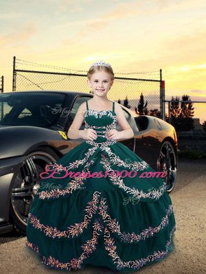 Perfect Straps Sleeveless Little Girl Pageant Gowns Floor Length Embroidery Teal Satin