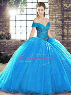 Brush Train Ball Gowns Quince Ball Gowns Blue Off The Shoulder Organza Sleeveless Lace Up