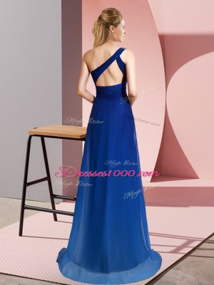 Admirable Chiffon One Shoulder Sleeveless Brush Train Criss Cross Beading in Blue