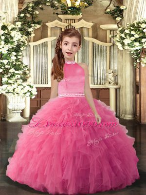 Attractive Sleeveless Tulle Floor Length Backless Girls Pageant Dresses in Rose Pink with Beading and Ruffles