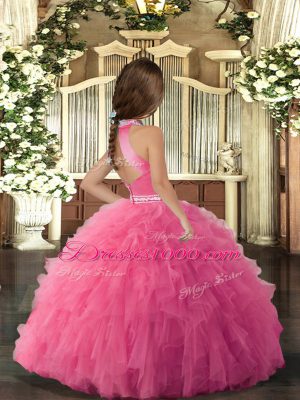 Attractive Sleeveless Tulle Floor Length Backless Girls Pageant Dresses in Rose Pink with Beading and Ruffles