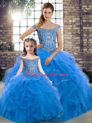 Off The Shoulder Sleeveless Vestidos de Quinceanera Brush Train Beading and Ruffles Blue Tulle