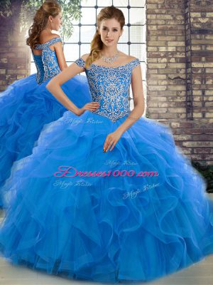 Off The Shoulder Sleeveless Vestidos de Quinceanera Brush Train Beading and Ruffles Blue Tulle