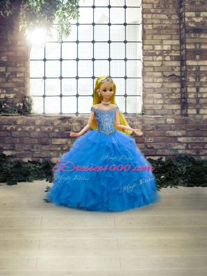 Off The Shoulder Sleeveless Vestidos de Quinceanera Brush Train Beading and Ruffles Blue Tulle
