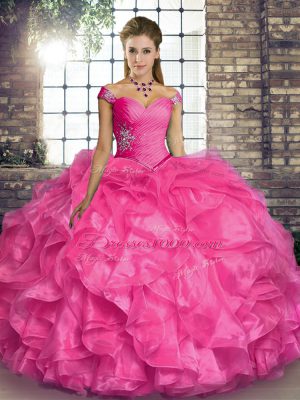 Hot Pink Lace Up Off The Shoulder Beading and Ruffles Quinceanera Gown Organza Sleeveless