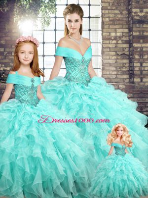 Shining Aqua Blue Ball Gowns Organza Off The Shoulder Sleeveless Beading and Ruffles Lace Up Quinceanera Gown Brush Train