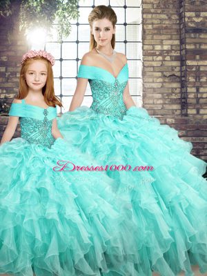 Shining Aqua Blue Ball Gowns Organza Off The Shoulder Sleeveless Beading and Ruffles Lace Up Quinceanera Gown Brush Train