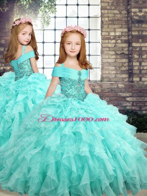 Shining Aqua Blue Ball Gowns Organza Off The Shoulder Sleeveless Beading and Ruffles Lace Up Quinceanera Gown Brush Train