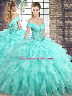 Shining Aqua Blue Ball Gowns Organza Off The Shoulder Sleeveless Beading and Ruffles Lace Up Quinceanera Gown Brush Train